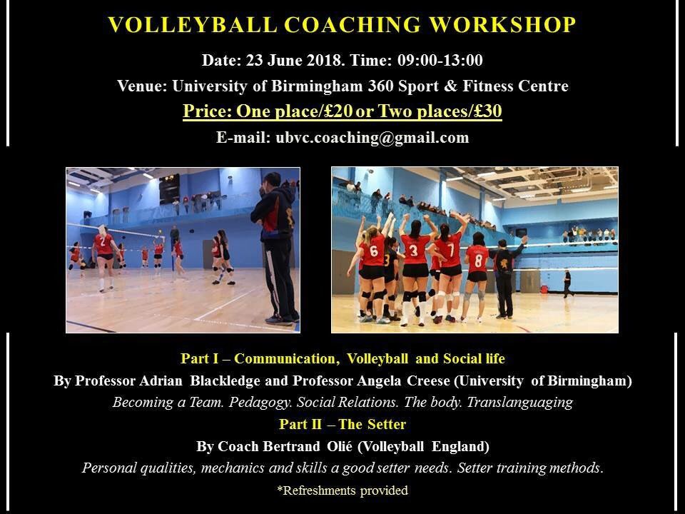 🔜  🔴VOLLEYBALL COACHING WORKSHOP🔴  🔜
The University of Birmingham Volleyball Club is organising a Coaching Workshop on 23rd June 2018. If you are interested in participating in this event, or have any questions, please contact us at ubvc.coaching@gmail.com @VballEngland