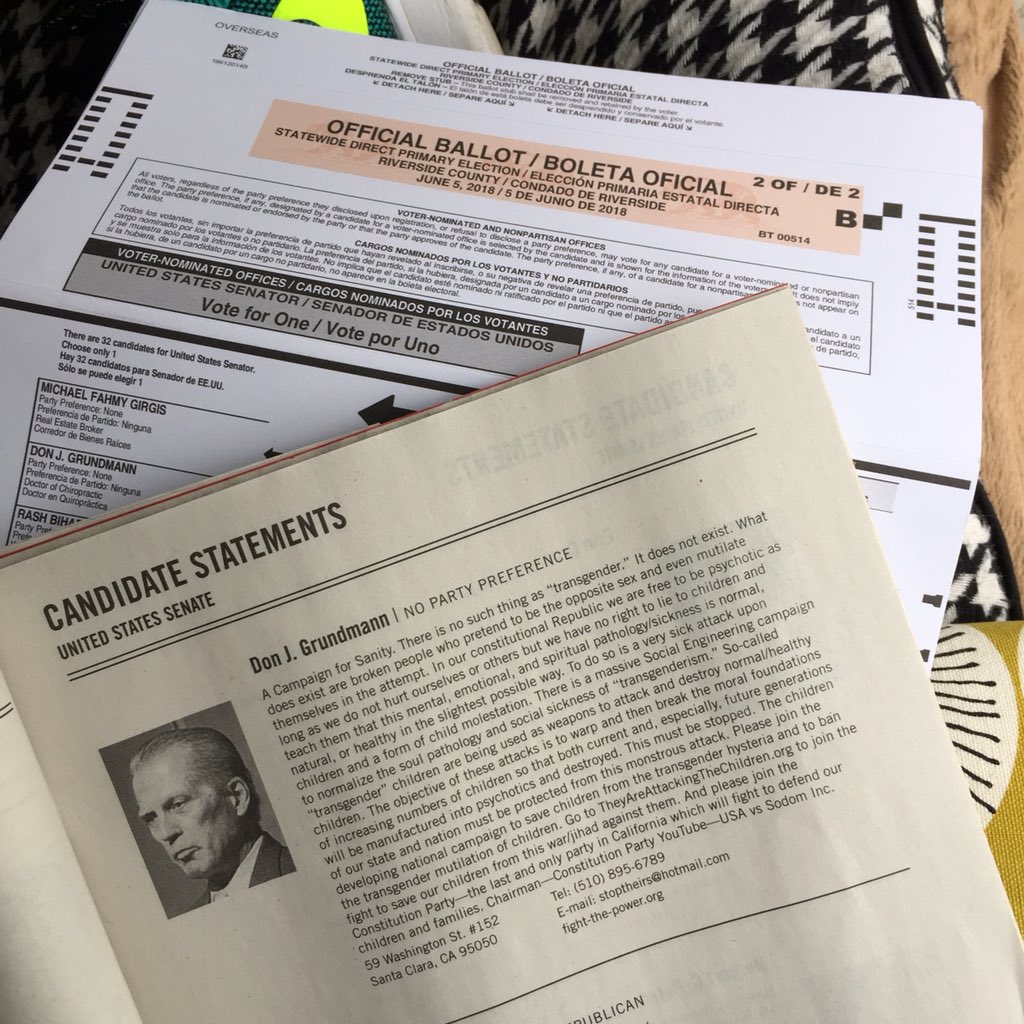 amydonn's tweet image. When I first got my absentee ballot and saw there were 32 candidates in the #CaliforniaSenateRace, I was overwhelmed. Then I got the information booklet...

Pretty easy after all!! #notthisguy 😳