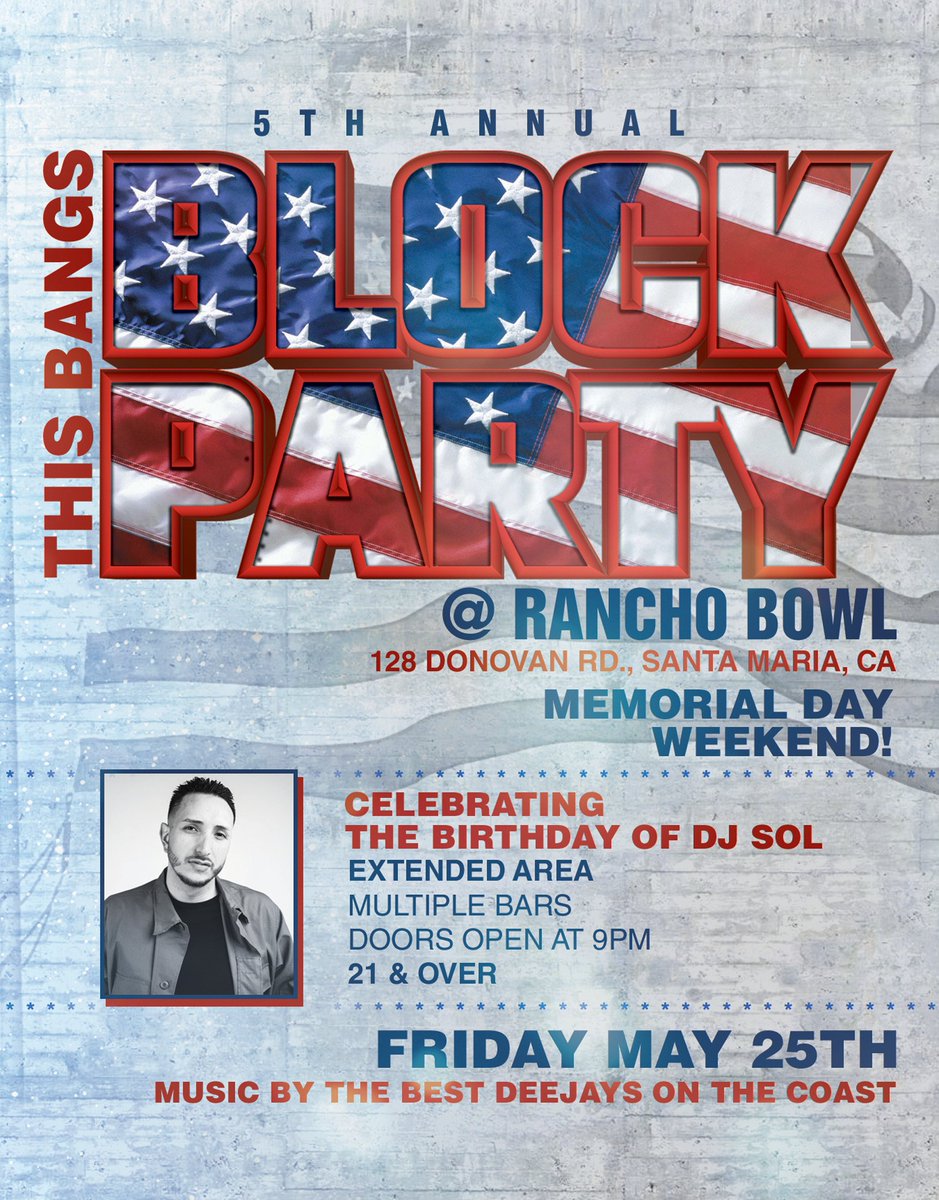 djsol's tweet photo. Friday Night. Kick off Memorial Day Weekend with us at @RanchoBowl
#MDW2018 #thisbangs https://t.co/akB4zOy3uf