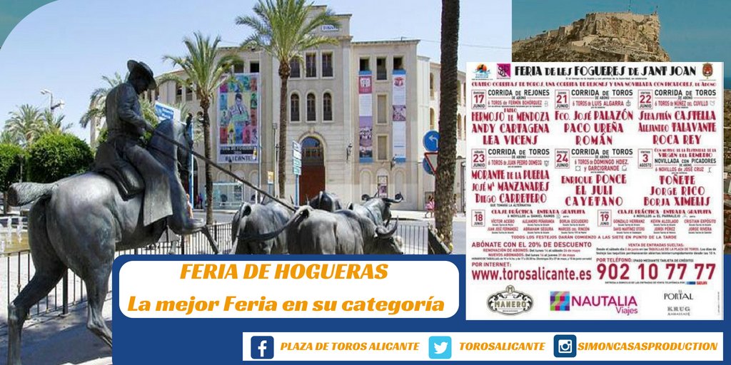 TOROSALICANTE's tweet photo. Para comenzar el verano con la mejor #tauromaquia y fiesta
🔥#Fogueres2018🔥
🎟️ https://t.co/sUDqX3pg7f Abonate a @Alicante_City #Alicante no te arrenpentiras https://t.co/OxV2yU73R6