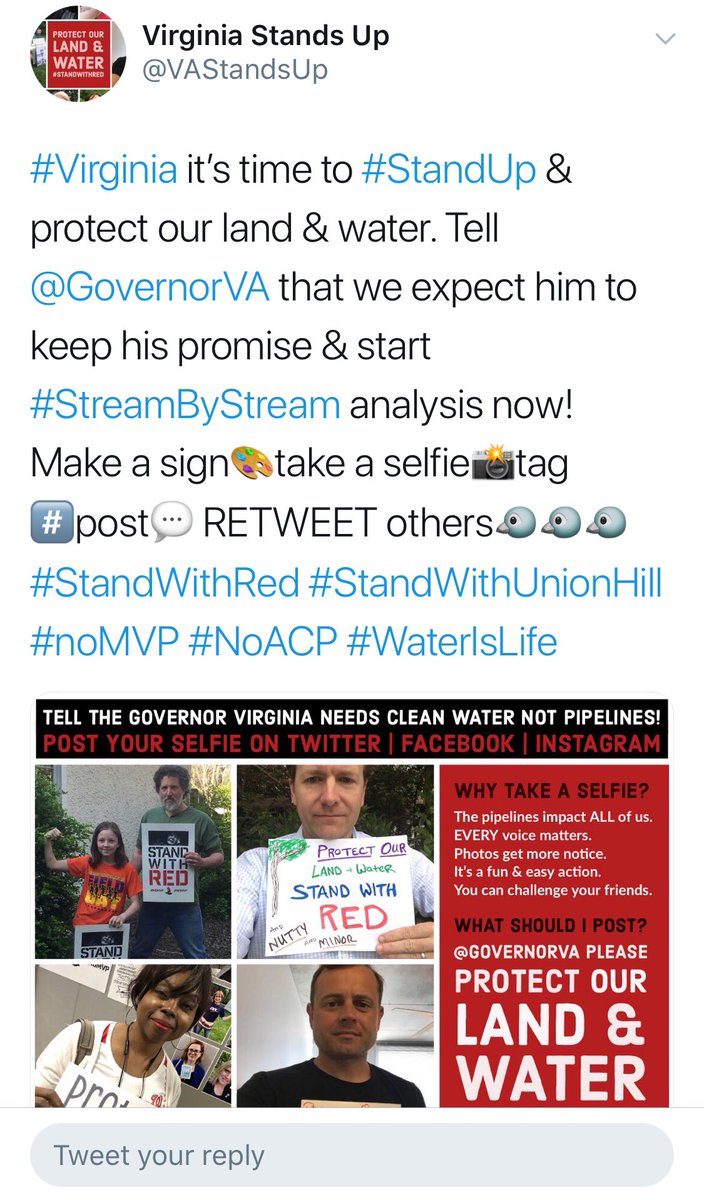 VAStandsUp's tweet photo. Hey #VA FOLLOW🙏RETWEET🙏Post your Selfie🙏WE NEED YOUR HELP. Join us tell @GovernorVA to Protect Our Land & Water #streambystream
We need more faces.
We need more voices.
#NoMVP #NoACP
#StandWithUnionHill
#StandWithRed
#StandWithMinor
#StandwithLittleTeelCrossing
#WaterIsLife https://t.co/3rVDoqn9Ha