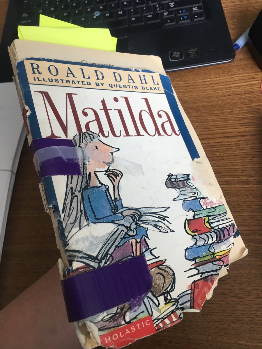 Bradfield209's tweet photo. This copy is going into retirement. https://t.co/gpofGxhk3F.Ever. New copy debuts in 2018-19! #dontjudgeabookbyitscover #favoritebookever #roalddahl #2kindsoftapeholdingittogether #bookisin3parts #somanylittlehandshaveheldit @BroncosRead #matilda ❤️❤️❤️❤️❤️❤️❤️ https://t.co/k6Ls4Hnrlp