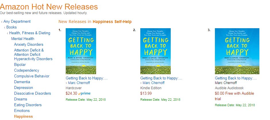 Tarcher_Books's tweet photo. So HAPPY to see @marcandangel's new book, "Getting Back to Happy," landed in @amazon's hot release list for success self-help titles in spots 1, 2, AND 3! #gettingbacktohappy
This fantastic book goes On Sale Tomorrow!! https://t.co/EVFFDdkc1D