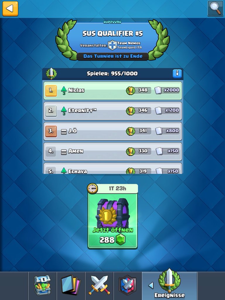 niclas_cr's tweet photo. Got First in the Tournament!
Happy to say I qualified in the last qualifier for the #SusCup2 Group Stage 🥇🏆
Thanks for hosting @nemos_twitch 💙
@TeamQLASH @Tobi_SpiritHawk @Clash_with_Ash @ClashRoyale
#ClashRoyale #SusCup #Nemos #SpiritHawk https://t.co/9x16isLzLa
