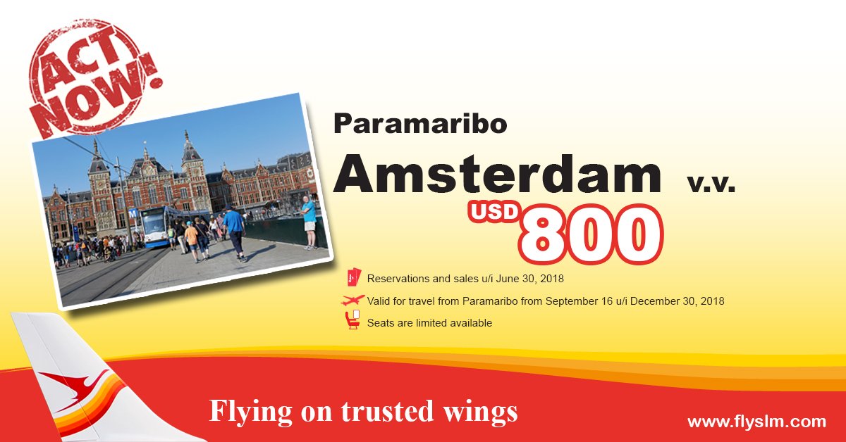 SurinamAirways's tweet photo. 👉ACT NOW actie verlengd!👇
Paramaribo - Amsterdam v.v. USD 800,-
Valid for travel from Paramaribo from September 16 u/i December 30, 2018.
Reservations and sales u/i June 30, 2018. 
Book now: https://t.co/By66pre2X6
#FlyPY #FlySurinamAirways #Paramaribo #Amsterdam https://t.co/Z5tvTyn1B4