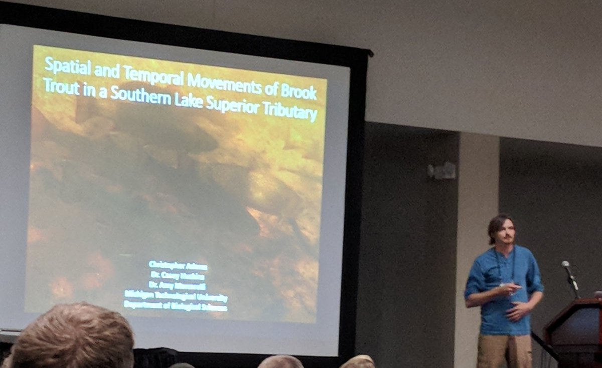 Great #2018SFS talk by Chris Adams on brook trout movement in the pilgrim river @MichiganTechBio @GSG_MTU