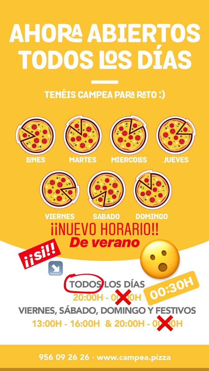 pizzascampea's tweet photo. Os recordamos a todos que a partir de hoy podréis disfrutar de nuestro nuevo horario de verano en el que podréis realizar vuestros pedidos nocturnos a domicilio hasta la 12:30 de la noche !! #ComoCampea!! https://t.co/eYmrSNac97