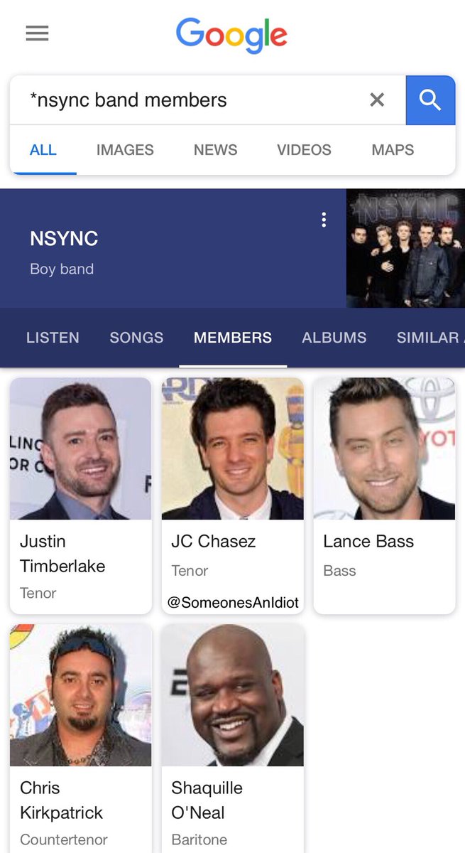 SomeonesAnIdiot's tweet photo. According to Google, Shaq is a member of NSYNC (H/T @SInow) https://t.co/xkn6kDX03p
