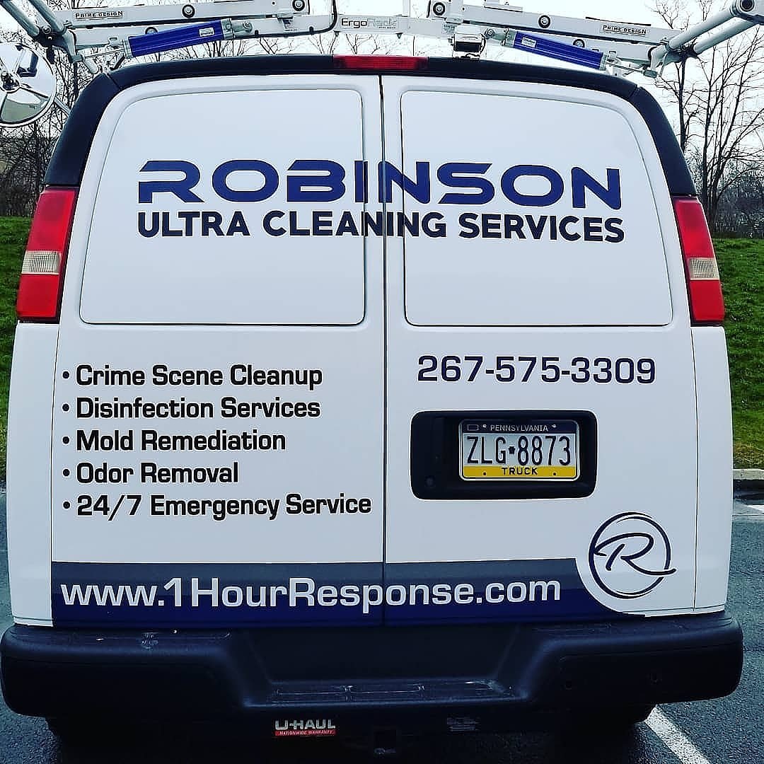 Robinson Ultra Cleaning Services is on the move! We do Crime Scenes Cleanup,  Mold Remediation, Odor Removal, Disinfection Services,  and now new services Garage/ Basement  Call for a estimate at 267-575-3309 Check out our website at 1hourresponse.com