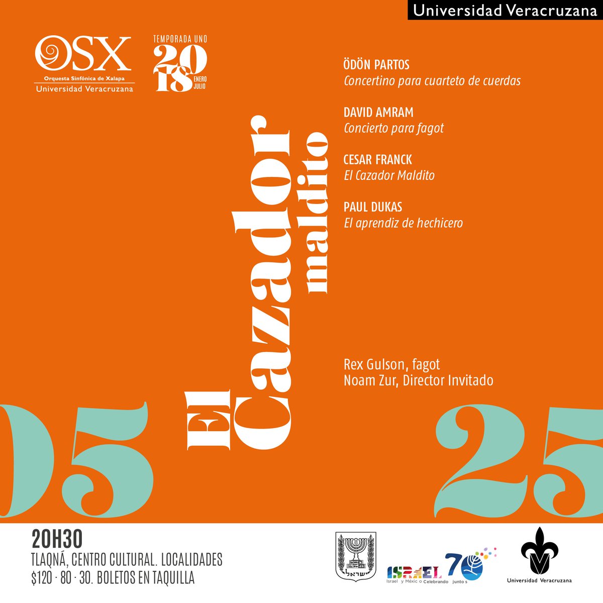 Este viernes queremos verlos en Tlaqná, Centro Cultural para escuchar el concierto El Cazador Maldito. 
Como director invitado Noam Zur. 🇮🇱️
Los esperamos