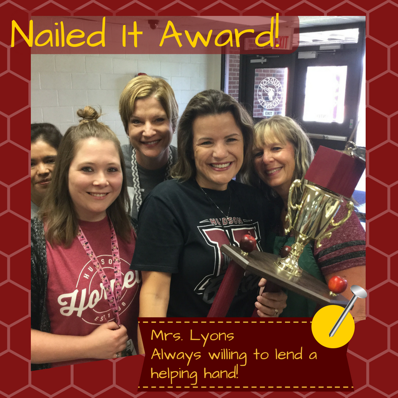 HudsonISD_MS's tweet photo. Mrs. Jansing passes the Nailed It Award to our awsm volunteer, Mrs. Lyons.  "I am going to pass this award to Mrs. Lyons -- Always willing to lend a hand for the teachers, a great team member &amp; thinks of so many ways to help everyone! " TY for all that you do!" #buzzhms #buzzhisd https://t.co/WUMmeyN4oD