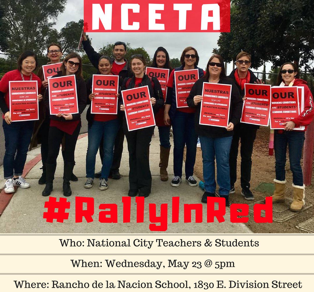 SDLaborCouncil's tweet photo. OUR NATIONAL CITY TEACHERS ARE VOTING TO STRIKE! Stand in solidarity w/ our educators and students at Wednesday’s #RallyInRed
“Low teacher wages, dramatic increases in teacher workload, lack of counselors &amp; supplies, no designated homeless liaison” -SD Reader #MotivationMondays https://t.co/MblfbB2WK0