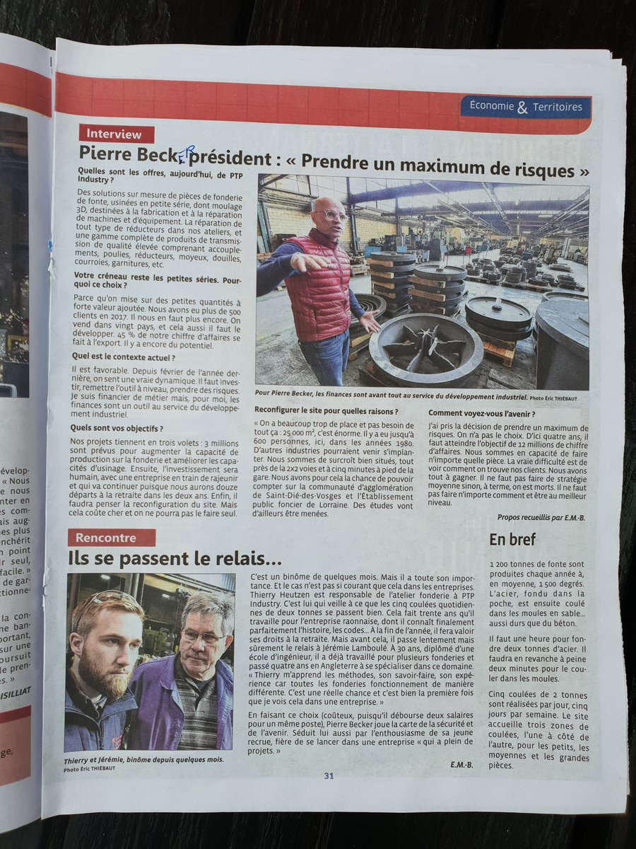 2 pages dans le journal sur mon cher frère Pierre Becker linkedin.com/in/ptp-industr…, Président d'une fonderie vosgienne  ptp-industry.com/fr/index.php ! C'est lui qui m'a mis sur les rails de l' #Entrepreneurship en 2009 avec @isogeo. <a href="/Claire_Glt/">Claire C-G.</a> <a href="/TheFrenchEntre1/">The French Entrepreneur</a> #madeinFrance