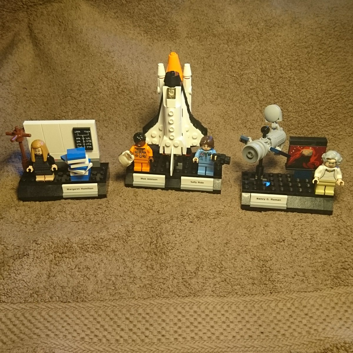 lornajane's tweet photo. I brought my new lego to my desk to keep me entertained while I upgrade my laptop: the Women of NASA set was my speaker gift from #ServerlessCPH https://t.co/cQS5RrIpON