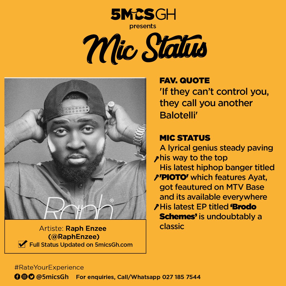 5micsGh's tweet photo. Tomorrow, May 22 on https://t.co/qF7RC9IQTt
MIC STATUS:@RaphEnzee
His fav quote is lit
'if they can't control you, they call you another Balotelli'
Wait on the full feature
#Hiphop #Rap #Music #MicStatus #pioto https://t.co/ZttTaShTlS
