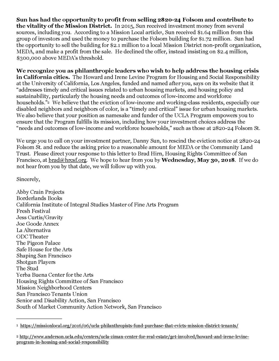 antievictionmap's tweet photo. With a tenant of the building, we delivered this letter to The Howard and Irene Levine Program in Housing &amp; Social Responsibility @ UCLA. Hey, Levine Foundation, how bout some social responsibility? STOP FUNDING EVICTIONS!!
#StatewideSolidarity
@housingrightsSF @jacobwooch https://t.co/ooJzRu5eBB