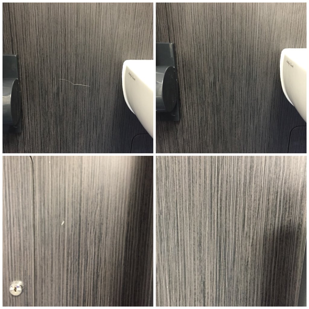 MagicSurfaceFix's tweet photo. #Worcestershirehour I got a call to go to Gloucester Hospital to sort out various scratches on these new panels in toilet and shower rooms . Saving the builder money and reducing landfill. #Scratchrepairs #Goodfortheenvironment #Damagedpanels #Savingmoney https://t.co/VJJnOb9ecn