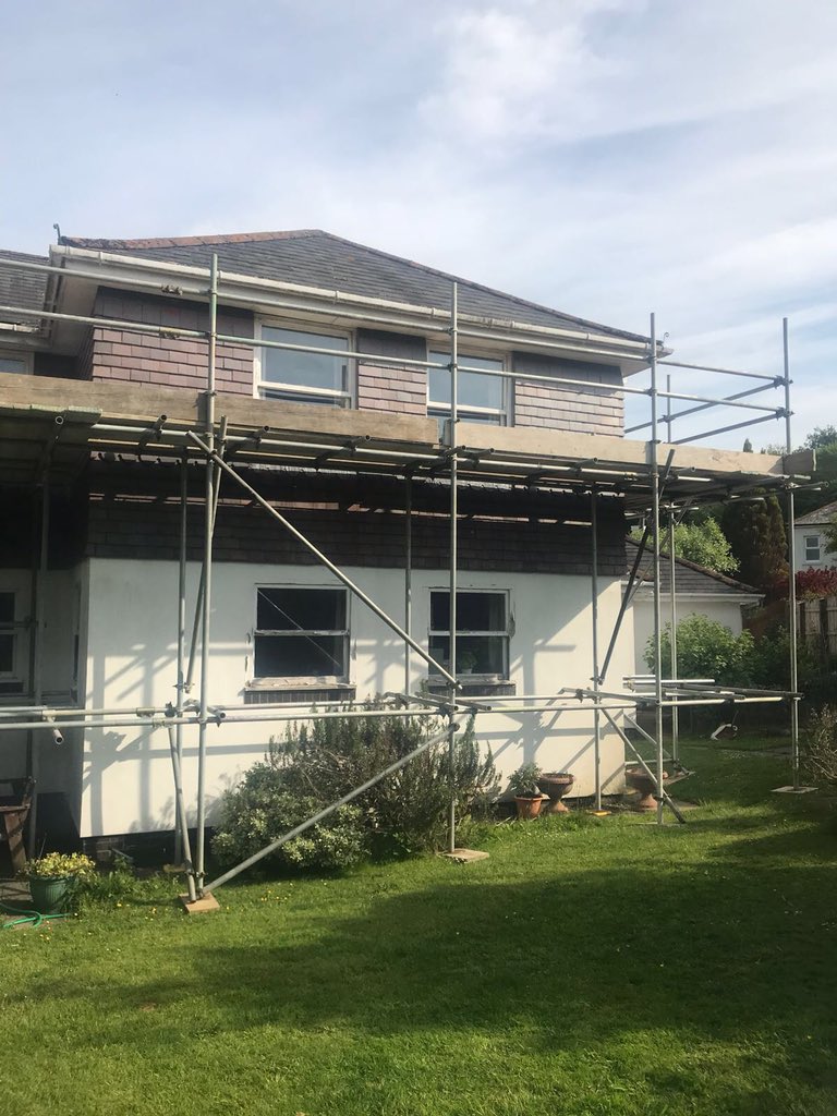 SouthernDex's tweet photo. We started work on this lovely property in sunny #Crapstone today. Some timber repairs to fascias and soffits, then complete external redecoration using #Dulux products. Should keep the boys busy for a few weeks! Scaffold by @PaullDan at Advanced Scaffolding again. https://t.co/CKAz5hZ86I