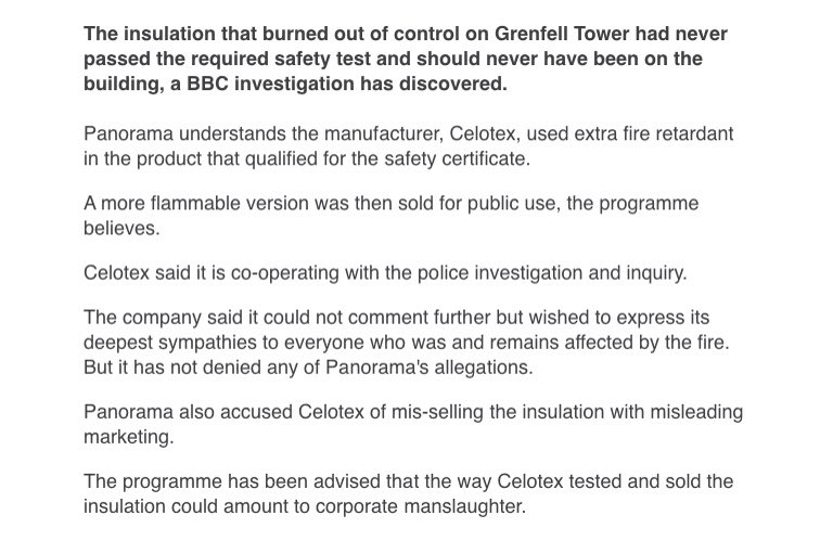 theDossier_info's tweet photo. #BBCPanorama is alleging that Celotex used different formulas in the insulation used at #Grenfell: one to pass the certification (extra fire retardant) and one to sell to the public (more flammable). This has similarities to the diesel emissions scandal.
https://t.co/7LEIysqFKT https://t.co/plJDIh6Yjs