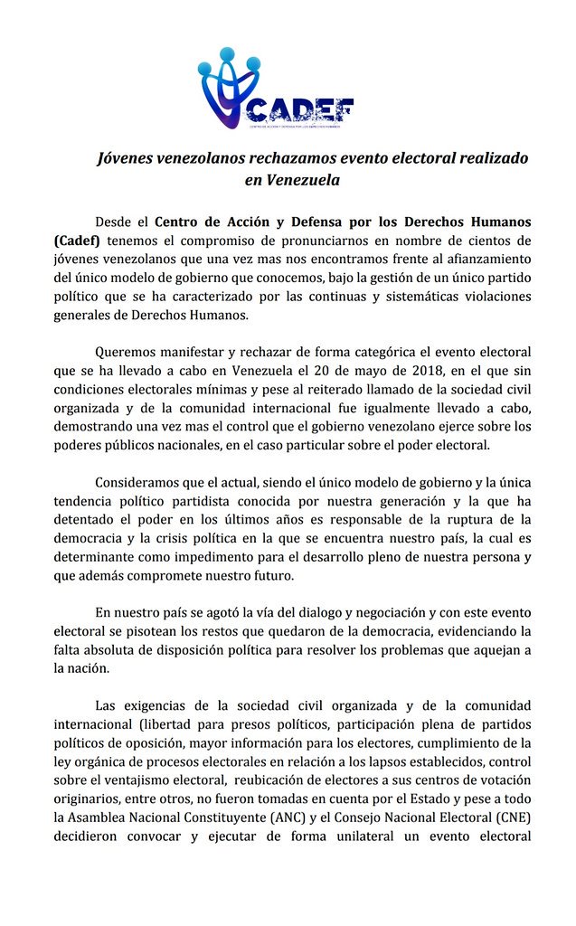 _cadef's tweet photo. #Comunicado Jóvenes rechazamos evento electoral realizado en Venezuela #21May https://t.co/LmryqBeyGT