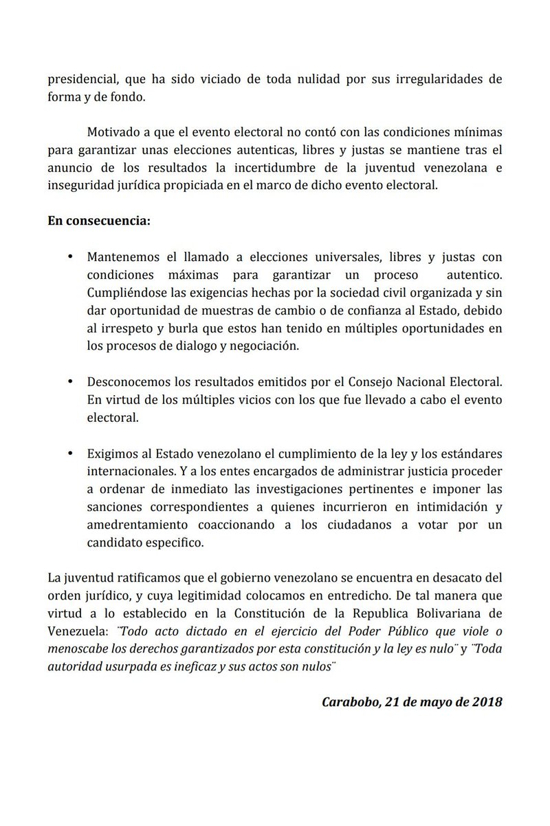 #Comunicado Jóvenes rechazamos evento electoral realizado en Venezuela #21May