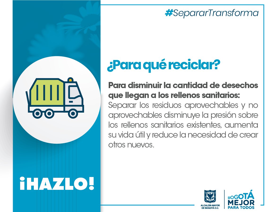 UMVbogota's tweet photo. El Relleno Sanitario Doña Juana recibe menos toneladas de basura a diario cuando separamos los residuos aprovechables de los no aprovechables #SepararTransforma https://t.co/ajZ2pLuXsH