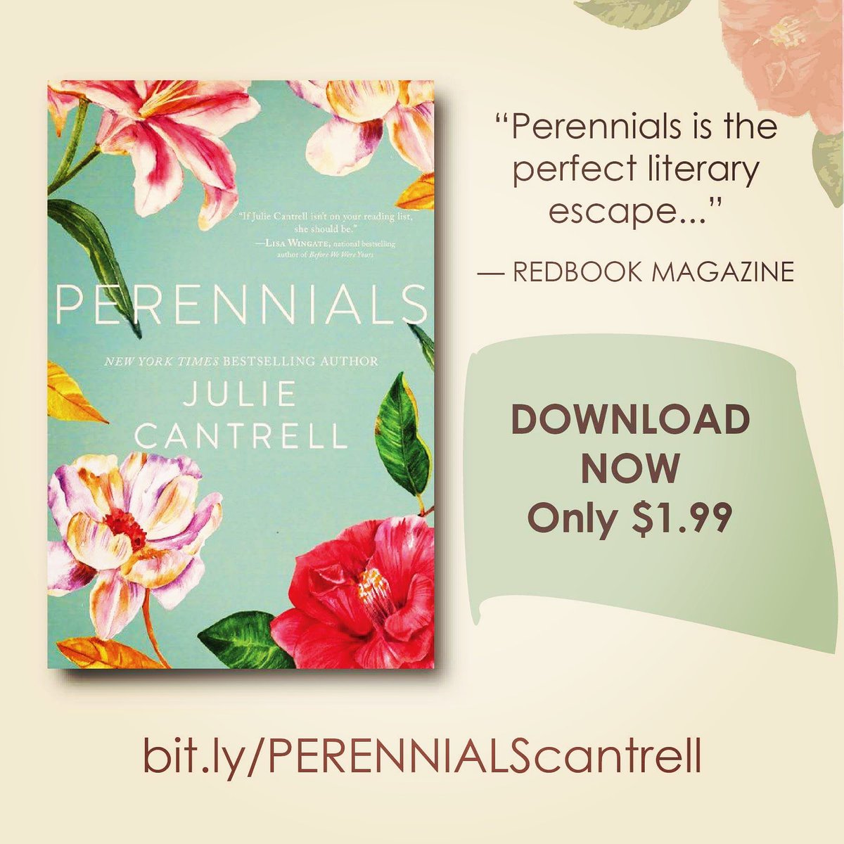 JulieCantrell's tweet image. Time for an #ebookdeal $1.99 
bit.ly/PERENNIALScant… @TallPoppyWriter @TNZFiction 
#womenwriters #bookclubread #bookblogger #BookDeal #SouthernCharm #southernfiction #womensfiction #novels #readthis #BookClub #BookRecommendation #bookish #BookWorm  #BookBlast #bookaday