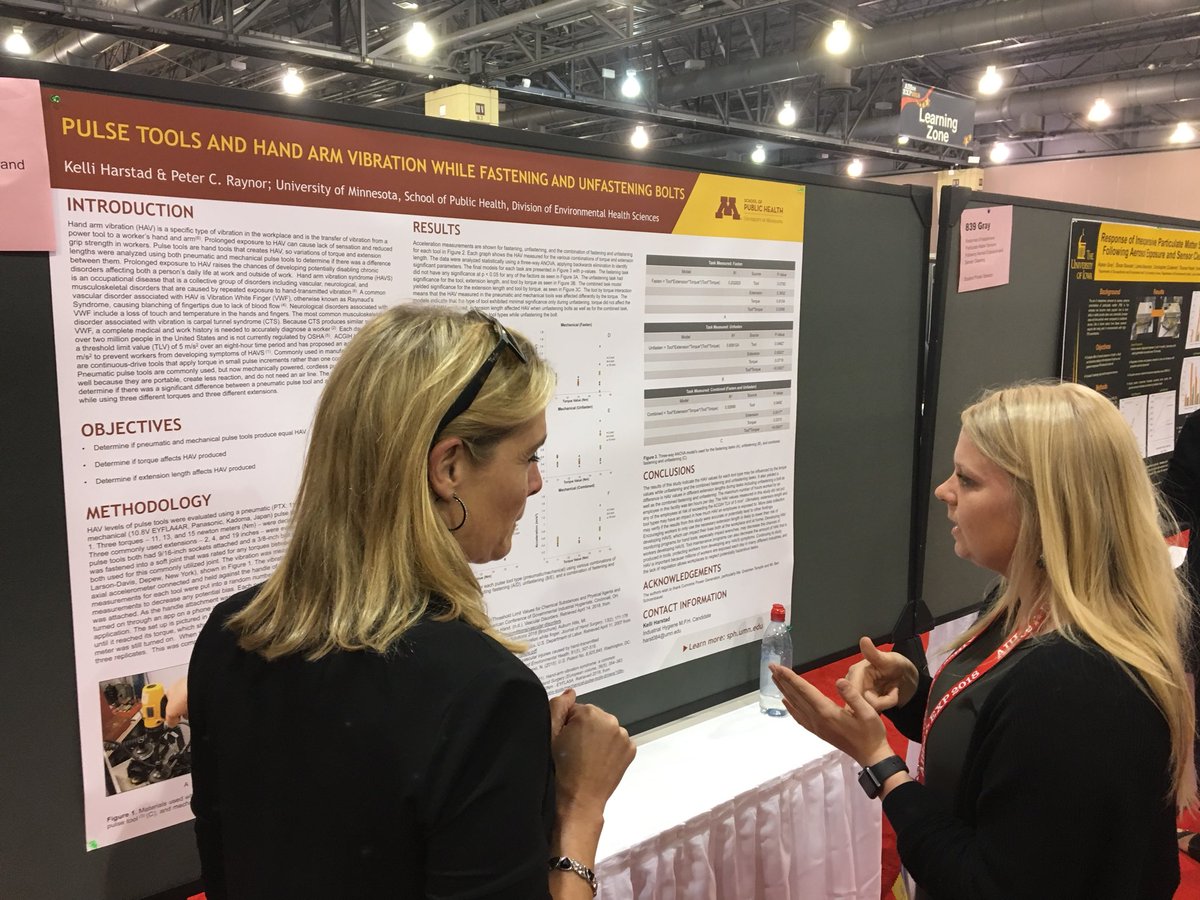 UMN_IH's tweet photo. MPH student Kelli Harstad discusses her poster on vibration from pulse tools with PhD student Jennifer Sahmel at the Student Poster session this afternoon at #AIHce2018 @publichealthumn https://t.co/yR64XK7bgm