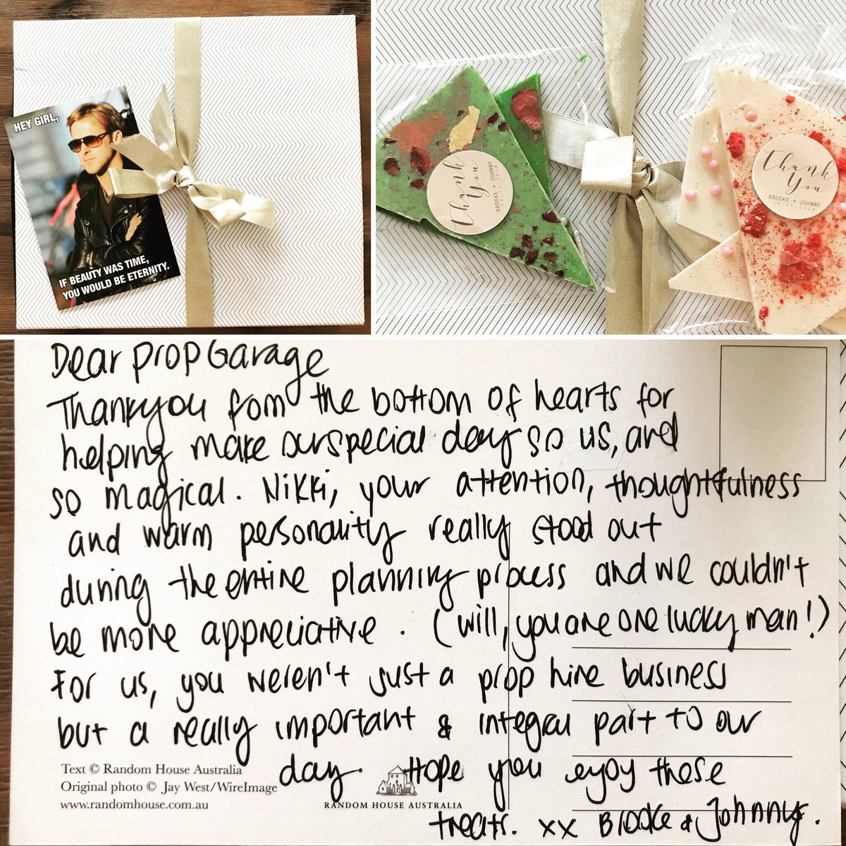PropGarage's tweet image. We received these this morning in the post!! We even got to try their cake 🍰. DELICIOUS! The thank you card is so sweet but we should thank you for trusting us and for supporting our family business 🤗. We had such an awesome time setting up your wedding ceremony.