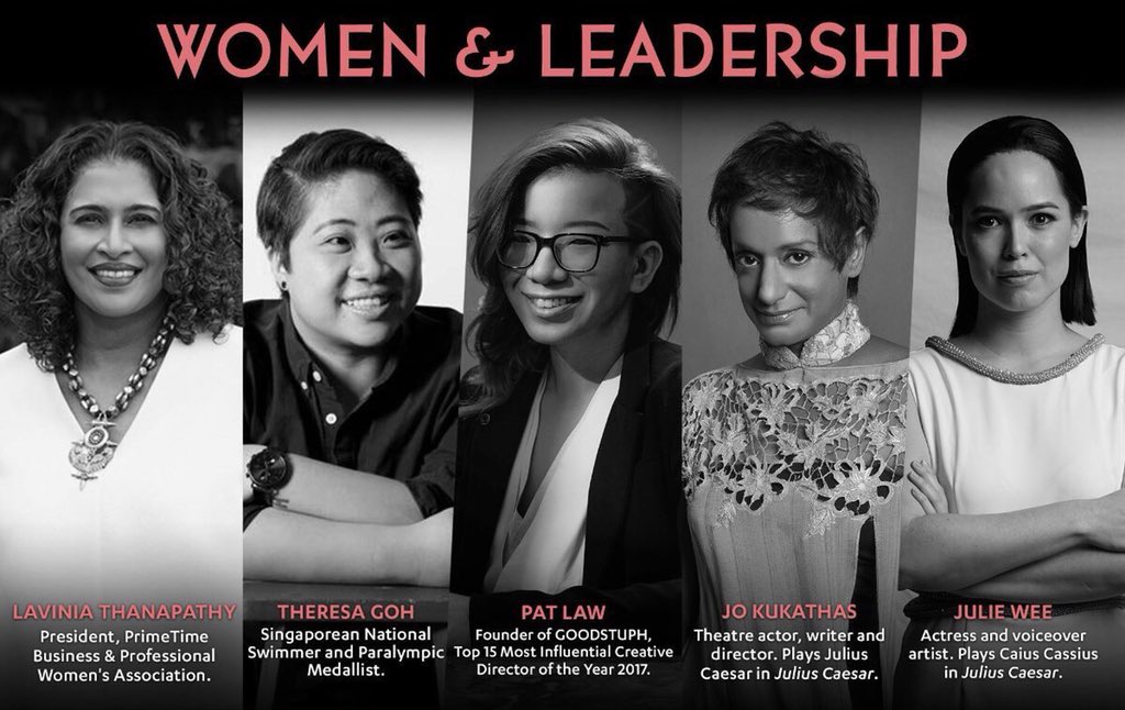 PrimeTimeWomen's tweet photo. PrimeTime President @LaviniaLenaT on stage at @SingaporeTheatr’s Julius Caesar to discuss #womeninleadership “Women in leadership adds the spice of diversity to the mix. It breaks up group think and helps increase the group’s collective intelligence.” https://t.co/JBEen3MsRH