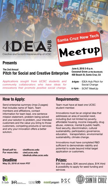 cieducsc's tweet photo. @CIED_UCSC's IDEA Hub 2nd annual Pitch for Social and Creative Enterprise is June 6, 4PM, Cocoanut Grove Sun Terrace. Students compete for creative &amp; socially beneficial project funds (1st place: $3K)! &amp; Competitors get entry to @SCNewTechMeetup More info: https://t.co/Gx0MfW4B9A https://t.co/Zv8JHvLSZv