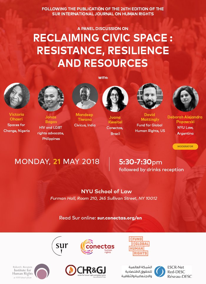 conectas's tweet photo. Happening now @nyulaw, Juana Kweitel ED of Conectas discusses Reclaiming #civicspace - resistance resilience & resources focus of #sur26. With @NYUBernstein @humanrightsnyu @DAPopowski @jonasbagas @Spaces4Change @VictoriaOhaeri @mandeep_tiwana1 @CIVICUSalliance @FundHumanRights https://t.co/ibo5cqBgLk
