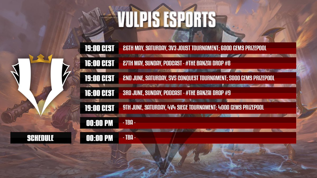 VulpisEsports's tweet photo. Making a further push in terms of promotion.
Vulpis Esports is an org lead by people with passion that organises Smite tournaments + hosts Podcasts - #TheBanzaiDrop .
Here you can find your team, look for new people to play with or hang around in chats !
https://t.co/SLHLLtxyW2 https://t.co/1QXzn585Re