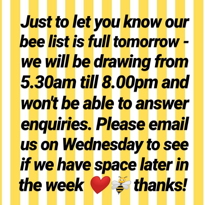 Sorry guys - we've not long finished for the day &amp; we're back out at 5am tomorrow so we're not able to reply to all enquiries and messages. There's a chance we can still do a few bees later in the week so feel free to email us on Wednesday and we'll see what we can do! ❤️🐝