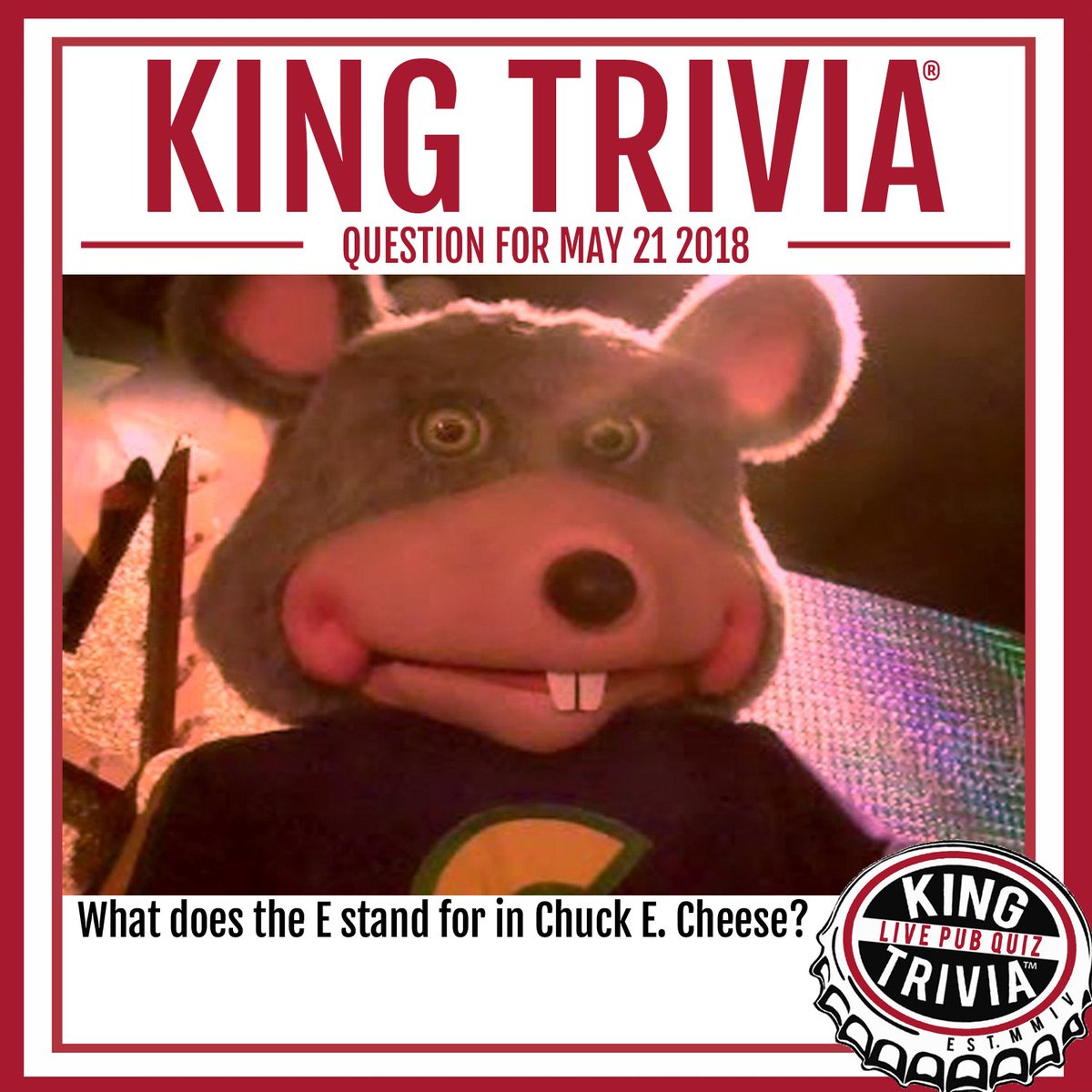 KingTrivia's tweet photo. #kingtrivia #trivia #trivianight #triviagame #pubtrivia #pubquiz #questionoftheday #freeanswer #chuckecheese #whereakidcanbeakid #animatronic #rat #entertainment https://t.co/nLMgDnwZSb