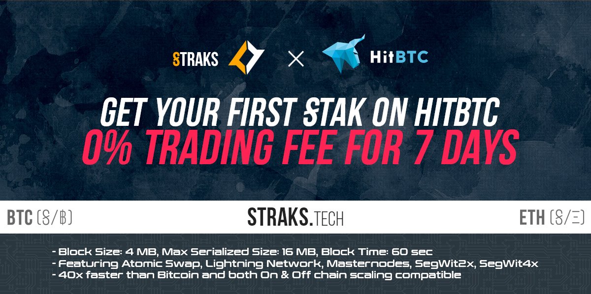 STRAKStech's tweet photo. After many months of delays the day has finally arrived; it is with great pleasure that we can announce that STRAKS trading is NOW LIVE on HitBTC.
Trade STRAKS now:
https://t.co/dQeXXh93yl
https://t.co/IIrtCzbuDS https://t.co/nvjdQYyoye