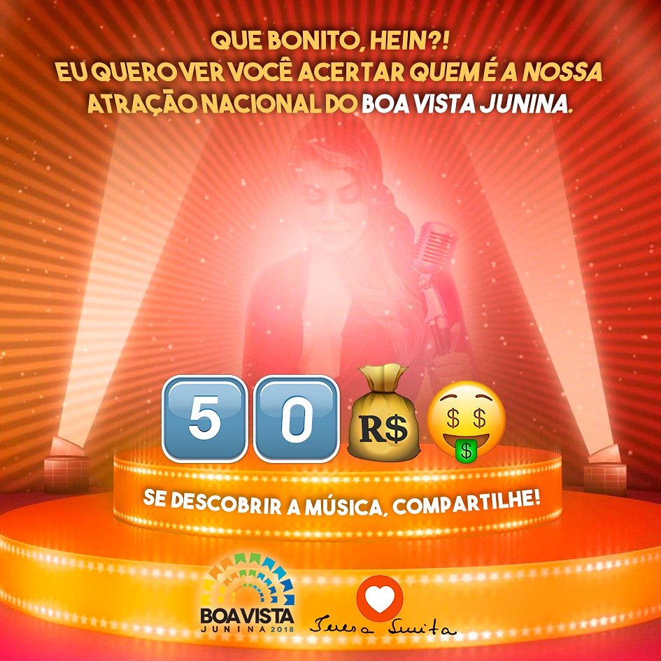 16 a 23 de junho vai rolar nosso Boa Vista Junina. 🤔 A pergunta que não quer calar é: quem será a atração nacional? Já decidimos e será no dia 20 de junho. 😉A charada está super fácil, se descobrir, dê RT e aguarde para curtir esse sucesso no maior arraial da Amazônia!🎤👱🏻‍♀