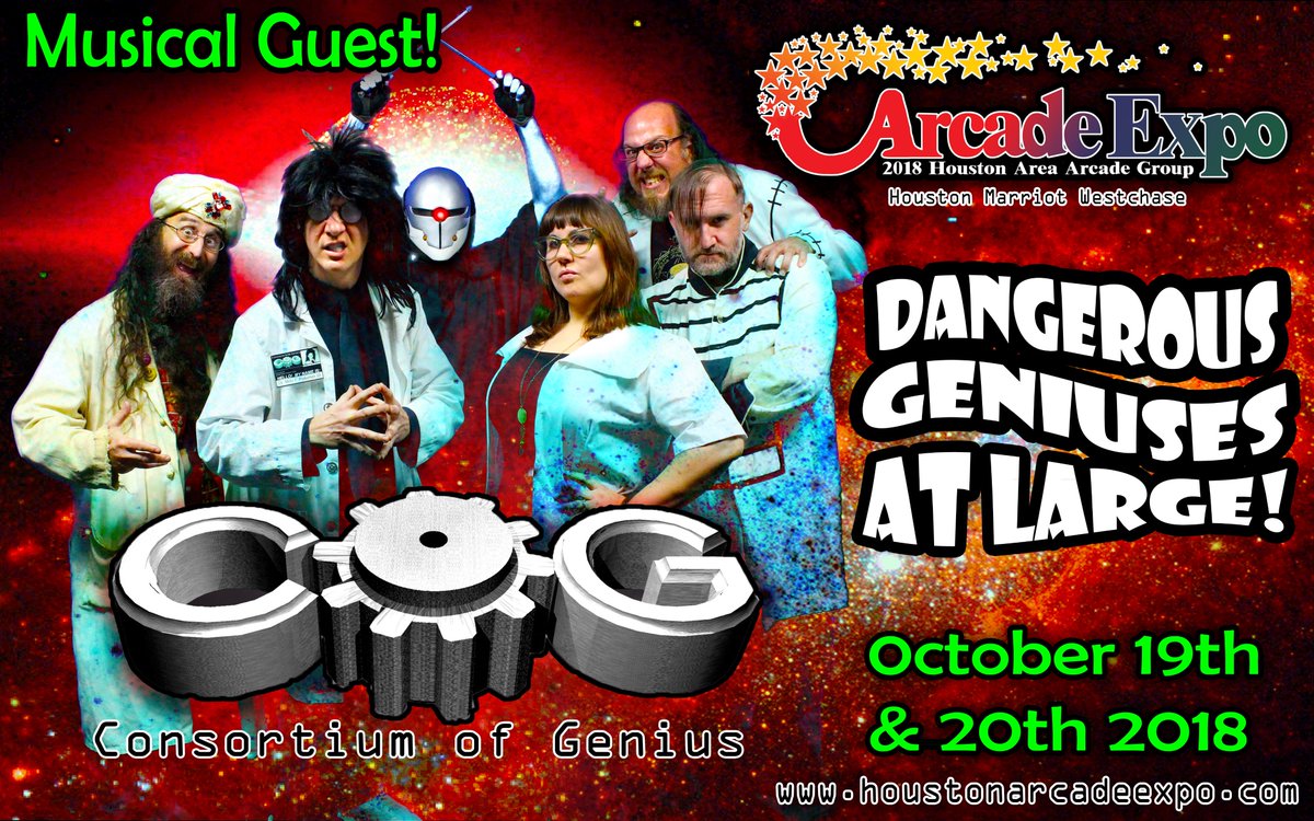 HouArcadeExpo's tweet photo. The Consortium of Genius Joins the Houston Arcade &amp; Pinball Expo again this year! 10-19 at 9pm on The Game Preserve Stage in the main arcade! Watch them take over the arcade on a mission of rock and world domination!!!! https://t.co/LHOXq2siQB