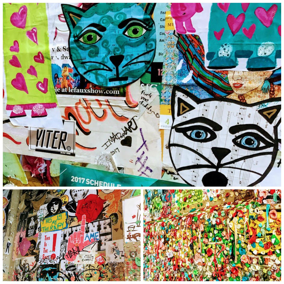 A3: I took this in bubblegum alley in #Seattle #VisitWashington - The entire wall was very colorful and feautured a few #cats as well! #StreetArtChat @StreetArtChat @RoarLoudTravel @NothingButNE