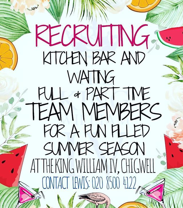 We're looking for superstars to join out team over the summer season, if youre looking to join an amazing team who love to have fun at work then look no further. Email enquiry@thekingwilliamiv.co.uk for more information #jobs #recruitment #chigwell #essex #premiumcountrypubs