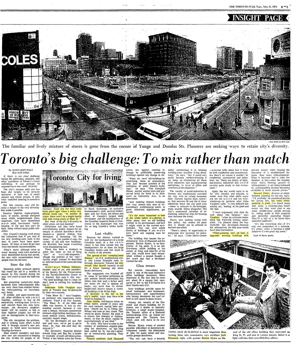 Hulchanski's tweet photo. May 21, 1974
What to do with Toronto’s downtown?
 
“Gone are the days (only 3 years ago) when a senior city official could say: ‘In 10  years there won’t be a single family with kids living south of Bloor St.'”
 
John Sewell, Jane Jacobs, Jack Diamond @DiamondSchmitt discuss. https://t.co/2idtPfF58q