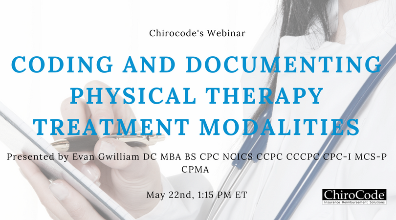 ChiroCode's tweet image. Coding and Documenting Physical Therapy Treatment Modalities with Dr. Evan Gwilliam Tuesday May 22nd at 1:15PM ET. ow.ly/WvAJ30k37Ue #chirocodewebinar #codinganddocumention #Physicaltherapytreatmentmodalities #modalities