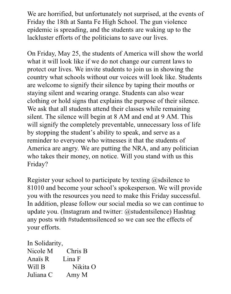 nicolejmarkus's tweet photo. Please RT to spread the word! The Day of Silence will take place this Friday, May 25th from 8AM-9AM. Don’t let politicians and the NRA take your voice for good. https://t.co/eUg4ip2QkJ