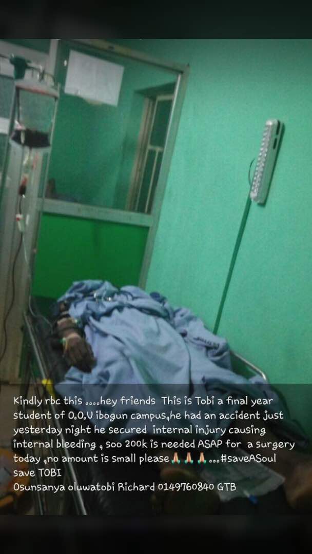 tall_mufasa's tweet photo. Twitter community. This is Tobiloba, a 500l student of oou college of engineering, he was involved in a fatal accident on Sunday evening. He needs to undergo surgery becos he is bleeding internally pls he needs our help both financially n prayerfully.
#savetobi https://t.co/I5Ny6Slx0C