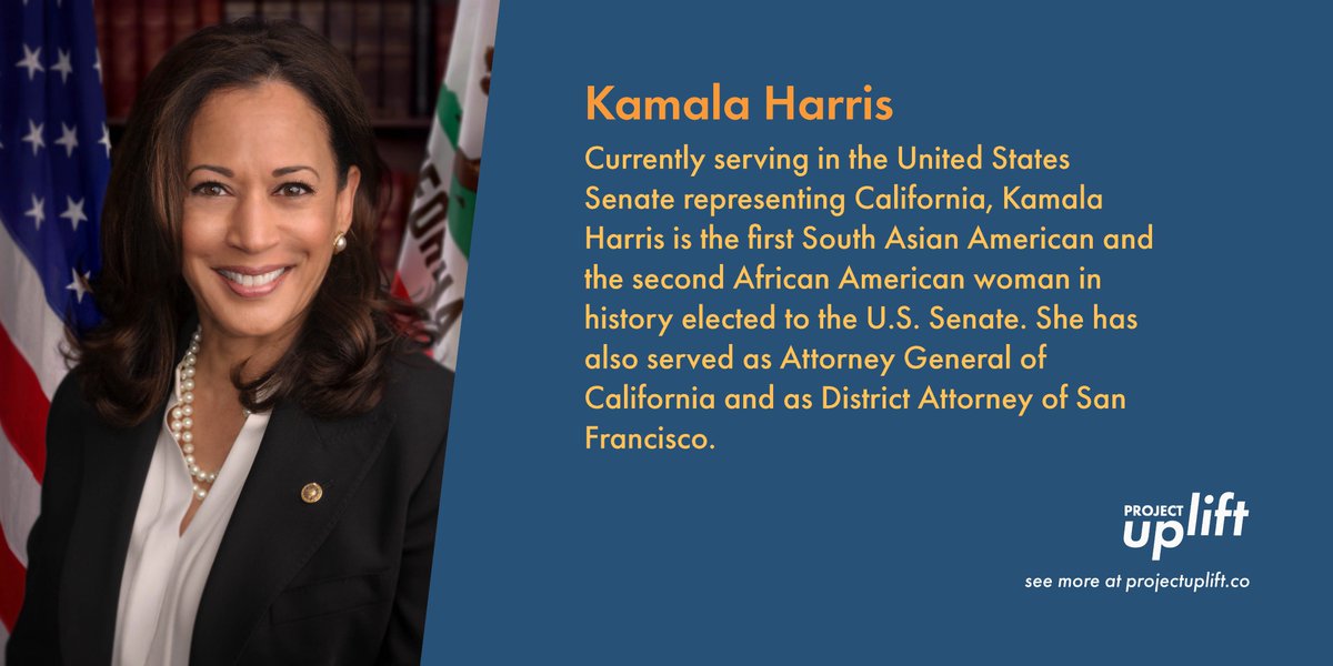 UpliftProject's tweet image. .@SenKamalaHarris is the first South Asian American and second African American woman to be elected to the U.S. Senate, and is currently one of only three Asian Americans to serve in that chamber. #APAHM