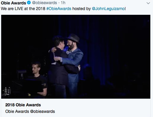 liachang's tweet photo. .@ArianMoayed presents good pal @RajivAJoseph the 2018 @obieawards for Best New American Theatre Work for #describethenight @AtlanticTheater @DavidHenryHwang https://t.co/Je2cnrWxLp
