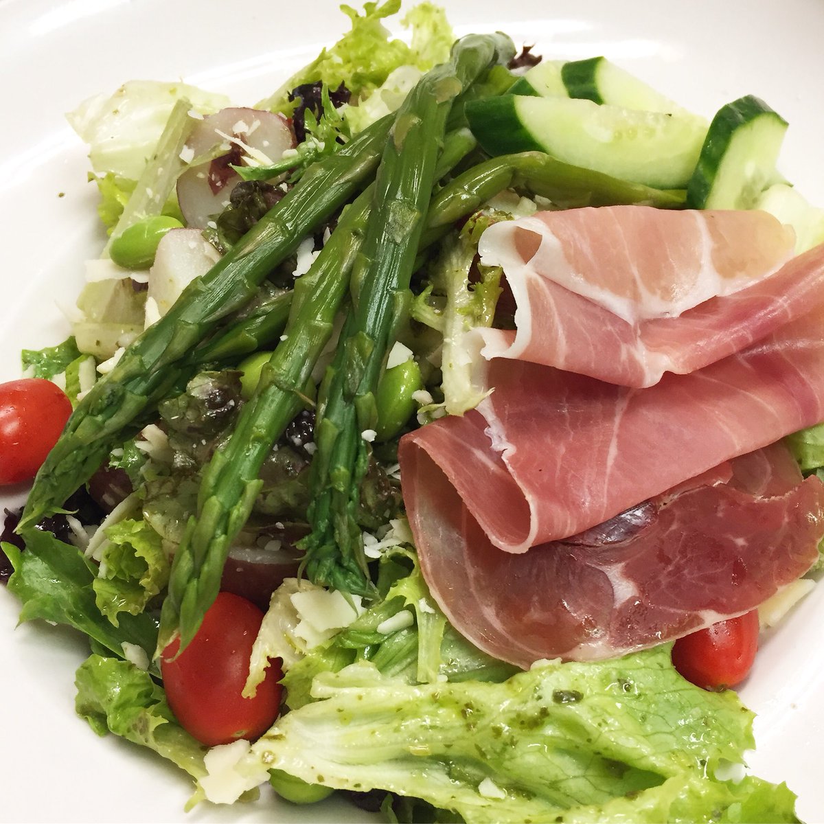 SPRING SALAD //  fresh asparagus with edamame beans, red potato, baby lettuces, prosciutto &amp; Parmesan tossed in a fresh herb vinaigrette #yyjfood #yyjfoodie #yyjeats
