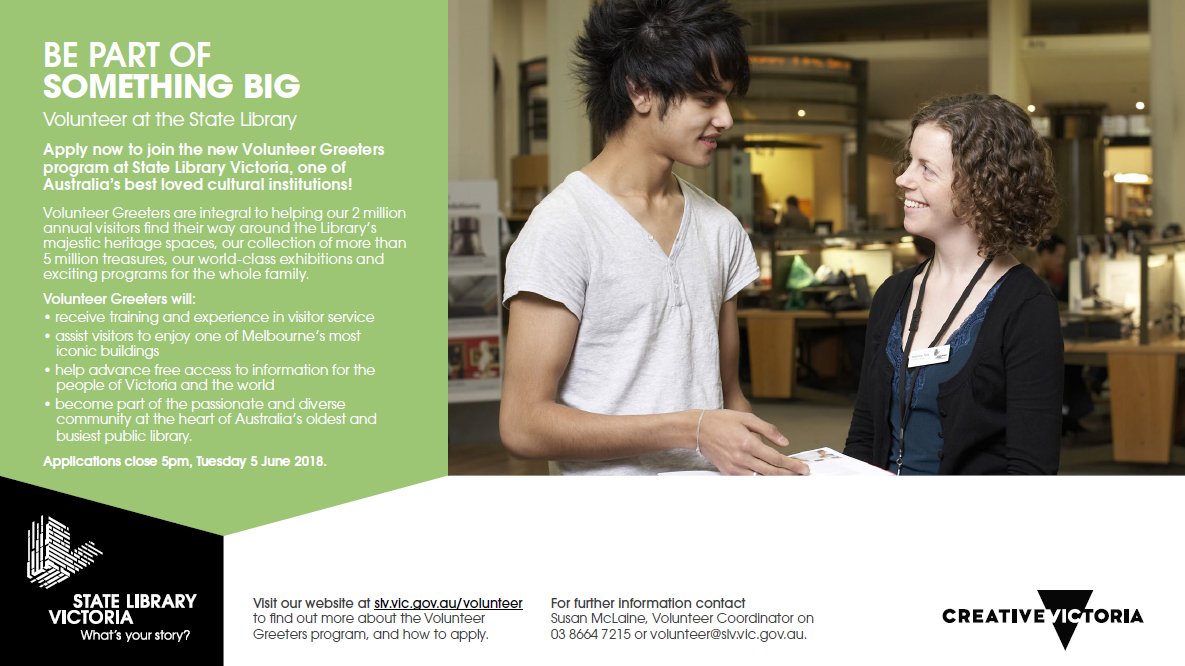 CEH_Aus's tweet image. Become a Volunteer Greeter at the @Library_Vic 
Applications close 5 pm 5 June 2018. Learn more here &amp;lt;buff.ly/2IxpLXE&amp;gt;.
#volunteer #statelibrary #greeter