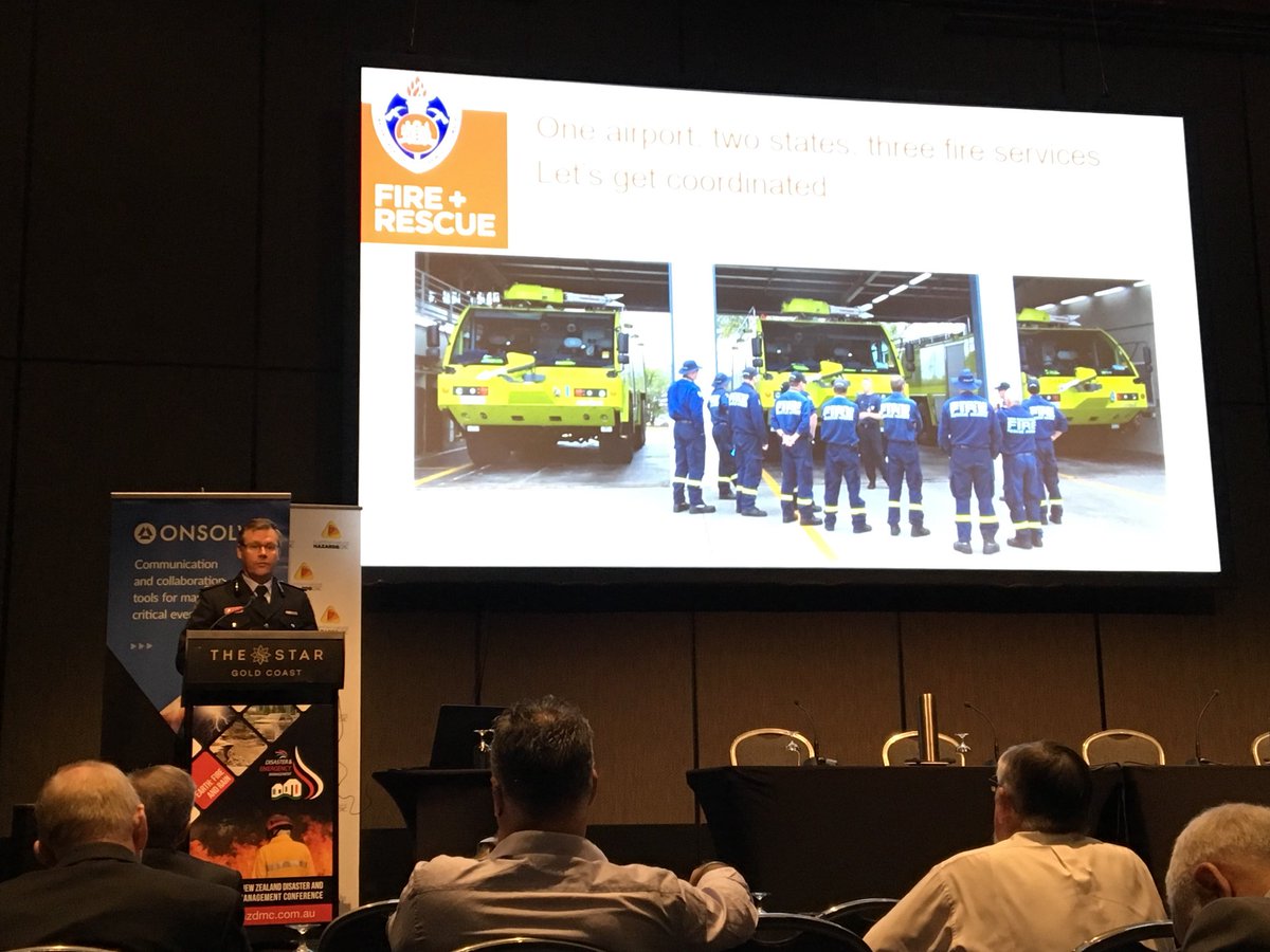 Great presentation from Gary White <a href="/FRNSW/">Fire and Rescue NSW</a> about preparing for incidents at GC Airport straddling the NSW-Qld border, with 3 fire fighting agencies. Good to have systems, policies etc but the people on the ground need to work together #ANZDMC18