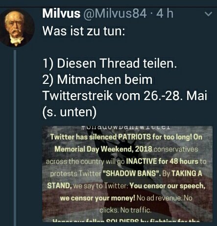 demo68's tweet photo. Wegen des #Shadowban werden Braune langsam panisch! Deshalb wurde nun öffentlich zum #TWITTERSTREIK vom 26.-28.5. aufgerufen!
(😆 DAS wird schön!!)
Allerdings sollte man ab sofort auch aufmerksam verfolgen, wer sich unter die follower mischen will!! (s.Bilder)
#fcknzs #noafd https://t.co/cNYmz0yJkd